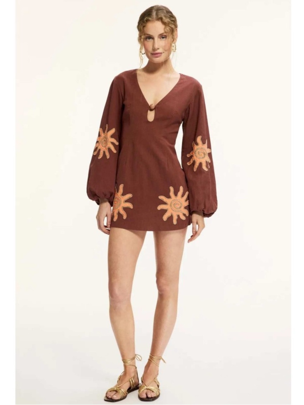 Brown Mini Dress with Peach Sun Embroidery